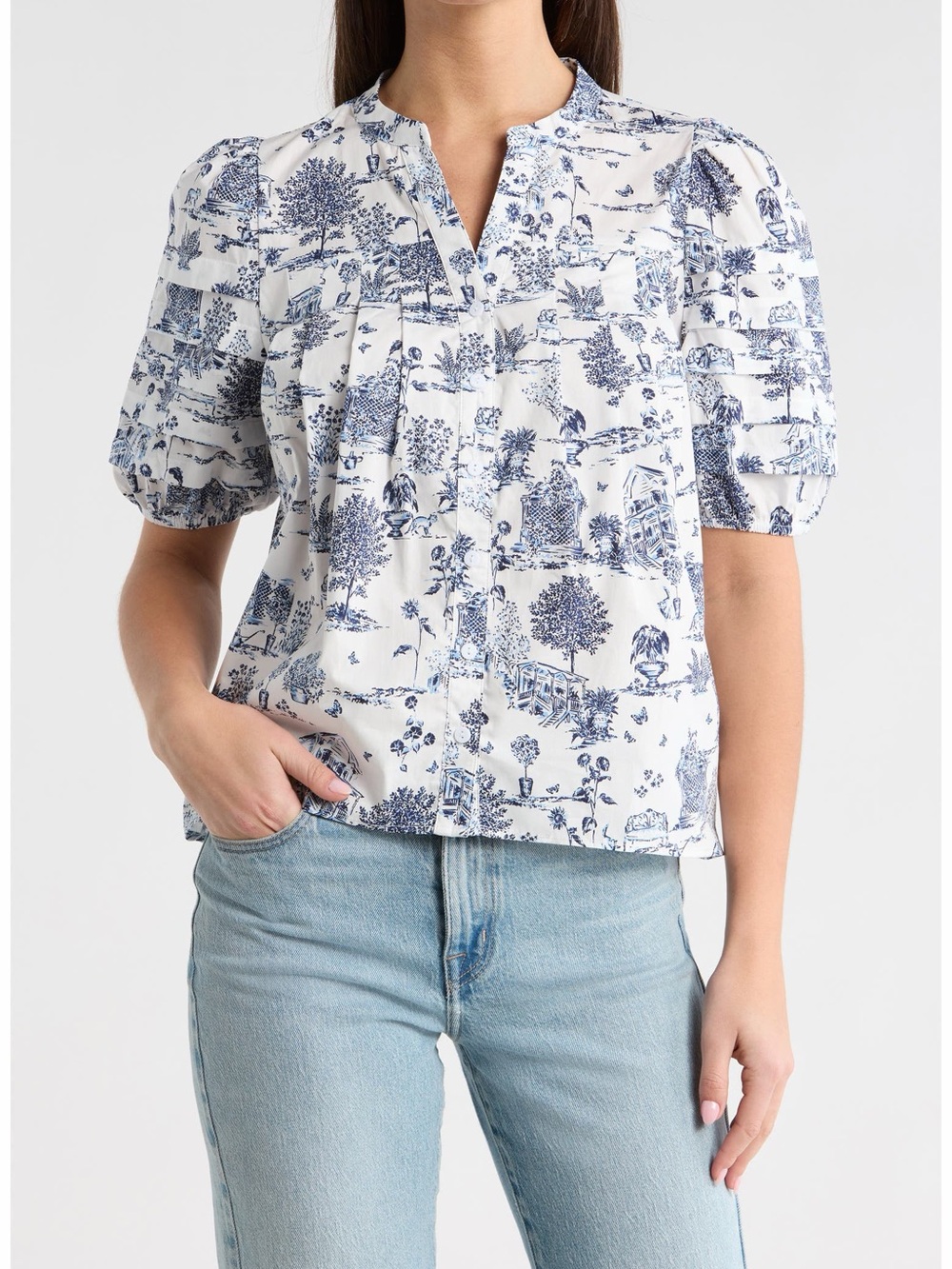 Sugarlips Blue and White Toile Puff Sleeve Blouse
